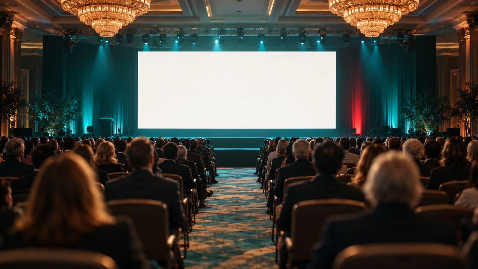 Delegates in a hotel ballroom facing the conference stage