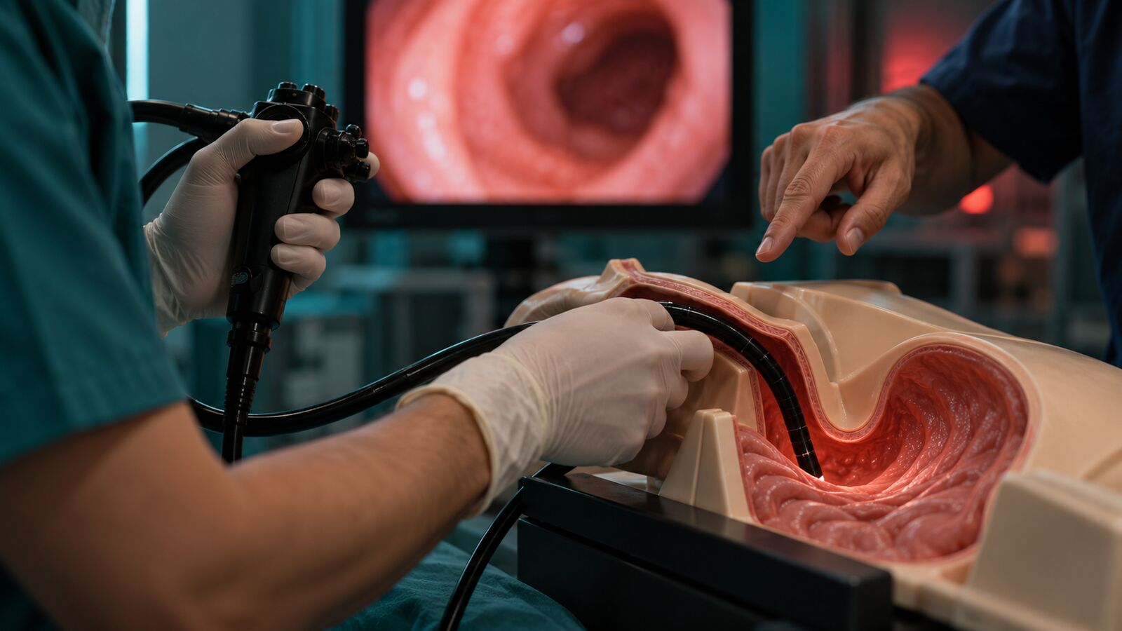Gloved hands guiding an endoscope into a training model